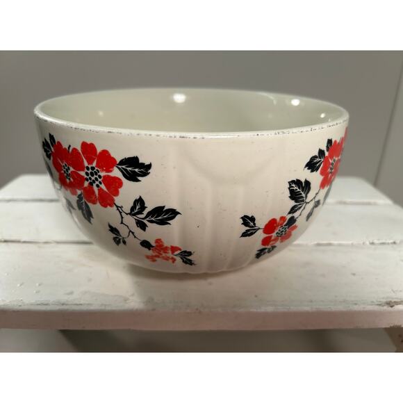 Hall’s 2 Qt Stoneware Bowl - Vintage Red & Black Poppy Design - 1940s Art Deco - Picture 3 of 7